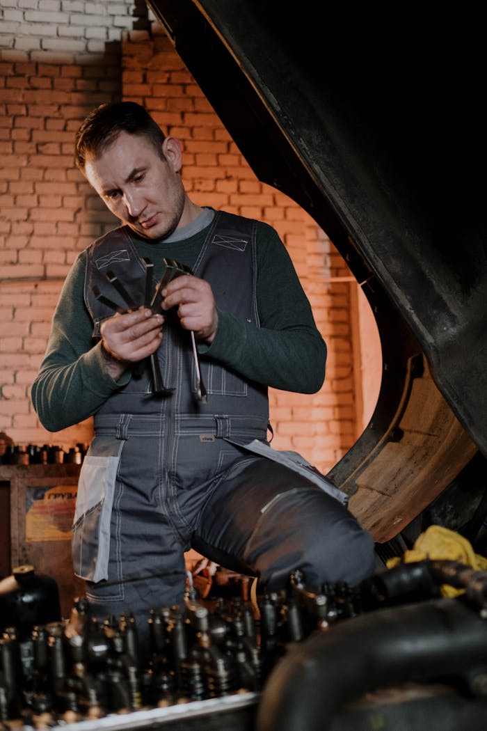 Mechanic in workshop tuning up engine parts with precision tools.